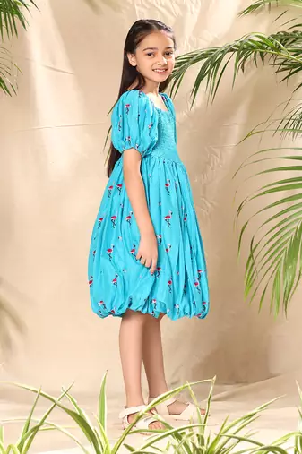 Blue embroidered balloon dress