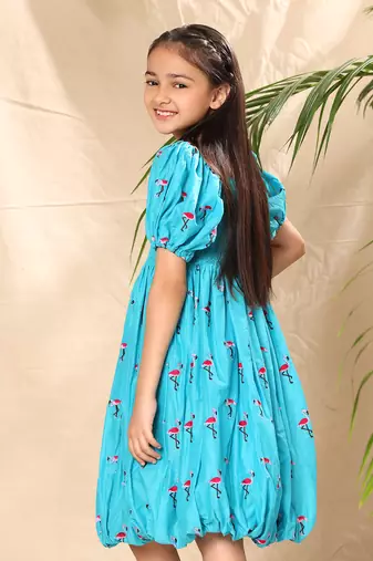 Blue embroidered balloon dress