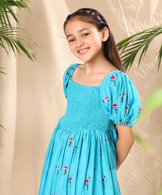 Blue embroidered balloon dress 4