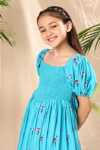 Blue embroidered balloon dress