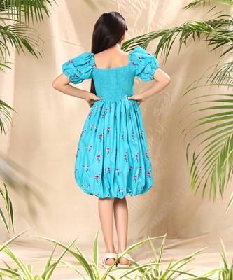 Blue embroidered balloon dress 5