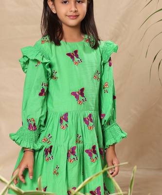 Green embroidered two tiered dress with smocked sleeves 1