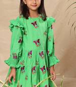 Green embroidered two tiered dress with smocked sleeves