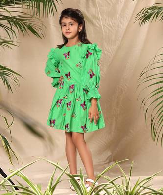 Green embroidered two tiered dress with smocked sleeves 2