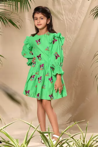 Green embroidered two tiered dress with smocked sleeves