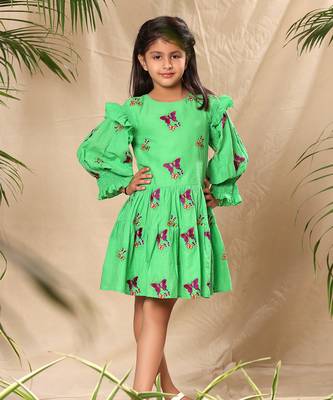 Green embroidered two tiered dress with smocked sleeves 3