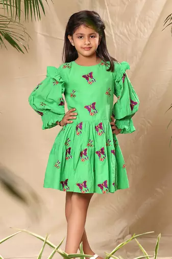 Green embroidered two tiered dress with smocked sleeves
