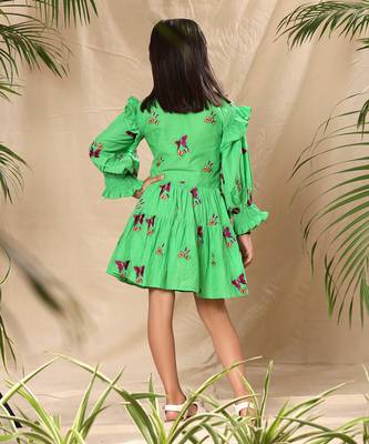 Green embroidered two tiered dress with smocked sleeves 4