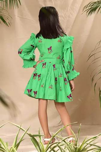 Green embroidered two tiered dress with smocked sleeves
