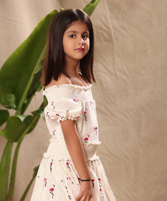 Off white embroidered off shoulder fit and flare dress 2