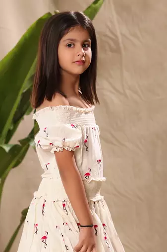 Off white embroidered off shoulder fit and flare dress