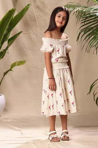 Off white embroidered off shoulder fit and flare dress
