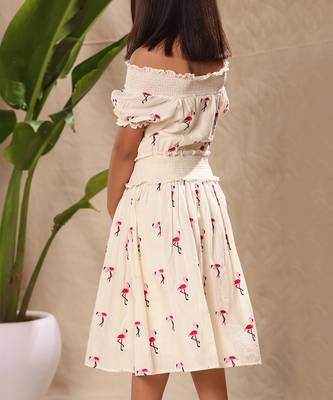 Off white embroidered off shoulder fit and flare dress 5