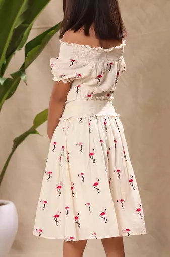 Off white embroidered off shoulder fit and flare dress