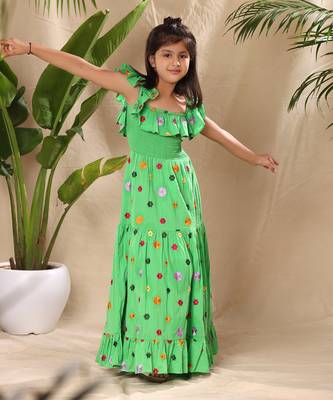 Green embroidered smocked yoke sleeveless maxi dress 1