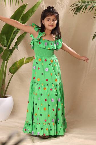 Green embroidered smocked yoke sleeveless maxi dress