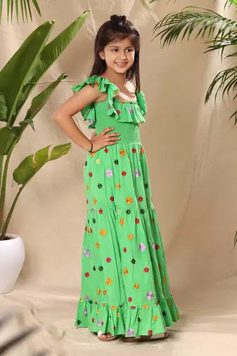 Green embroidered smocked yoke sleeveless maxi dress