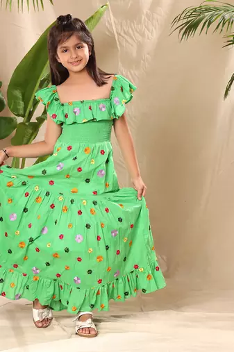 Green embroidered smocked yoke sleeveless maxi dress