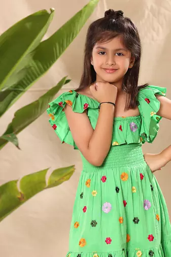 Green embroidered smocked yoke sleeveless maxi dress