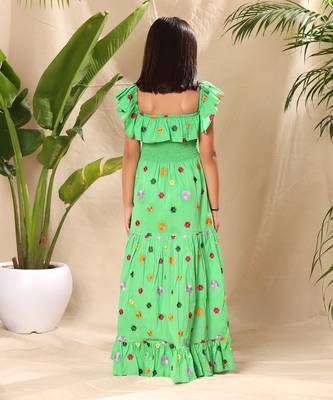 Green embroidered smocked yoke sleeveless maxi dress 5