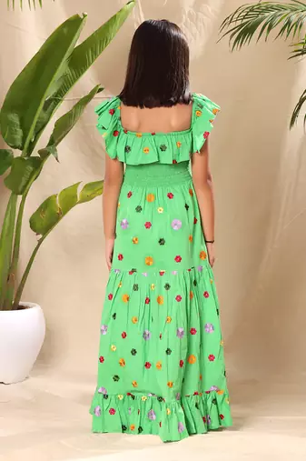 Green embroidered smocked yoke sleeveless maxi dress