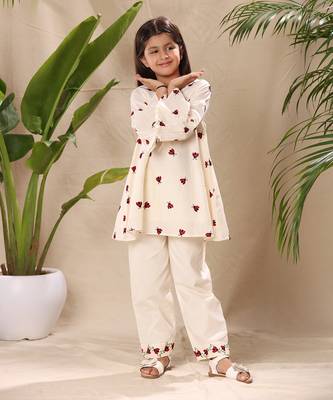 Off white embroidered tunic top and bottom co-ord set 1