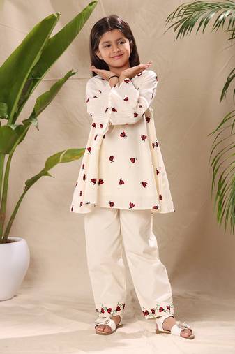 Off white embroidered tunic top and bottom co-ord set