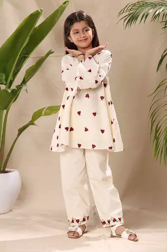 Off white embroidered tunic top and bottom co-ord set