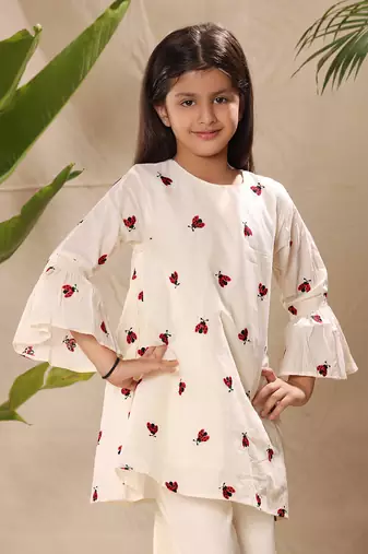 Off white embroidered tunic top and bottom co-ord set