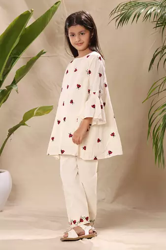 Off white embroidered tunic top and bottom co-ord set