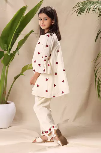 Off white embroidered tunic top and bottom co-ord set