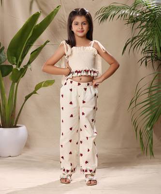 Off white embroidered smocked top and pant co-ord set 1