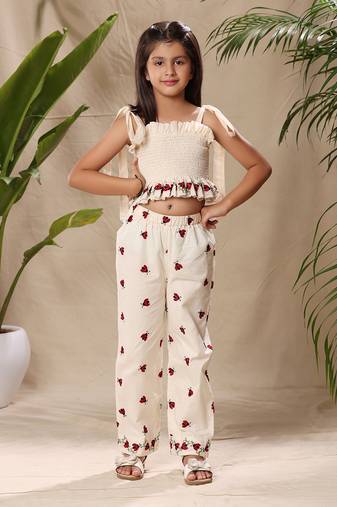 Off white embroidered smocked top and pant co-ord set
