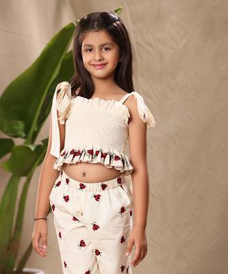 Off white embroidered smocked top and pant co-ord set 2