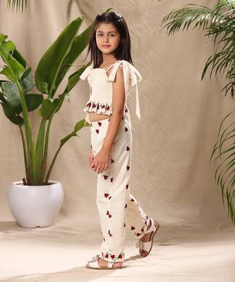 Off white embroidered smocked top and pant co-ord set 3