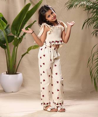Off white embroidered smocked top and pant co-ord set 4