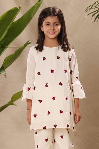 Off white embroidered tunic top and pant co-ord set