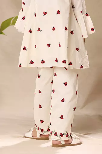 Off white embroidered tunic top and pant co-ord set