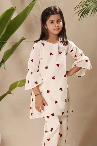 Off white embroidered tunic top and pant co-ord set