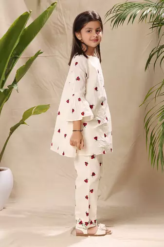 Off white embroidered tunic top and pant co-ord set