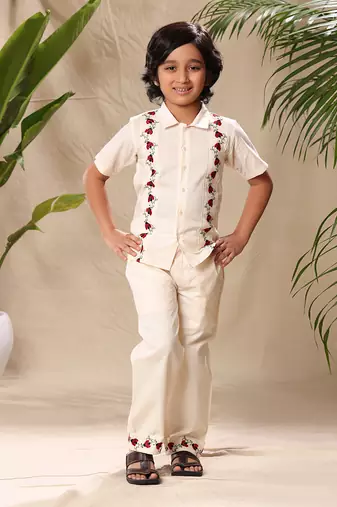 Off white embroidered shirt with pant  co-ord set