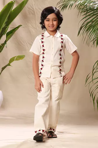 Off white embroidered shirt with pant  co-ord set