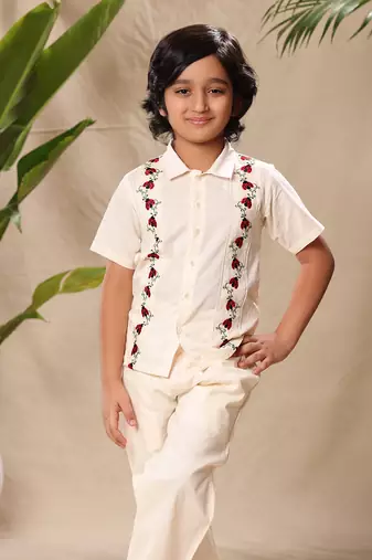 Off white embroidered shirt with pant  co-ord set