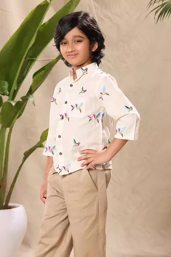 Off white embroidered mandarin collar shirt