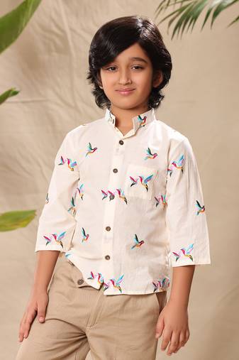 Off white embroidered mandarin collar shirt