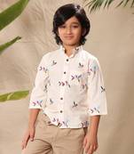 Off white embroidered mandarin collar shirt