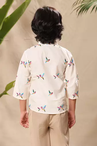 Off white embroidered mandarin collar shirt