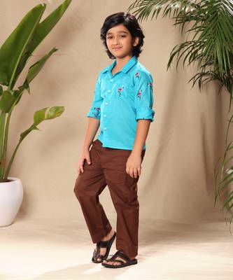 Blue embroidered raglan sleeve collar shirt 3