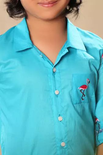 Blue embroidered raglan sleeve collar shirt