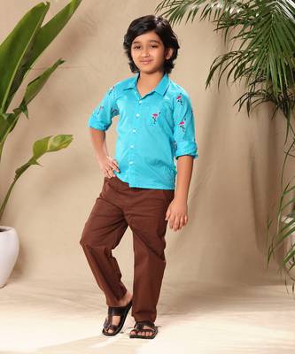 Blue embroidered raglan sleeve collar shirt with black trousers 1